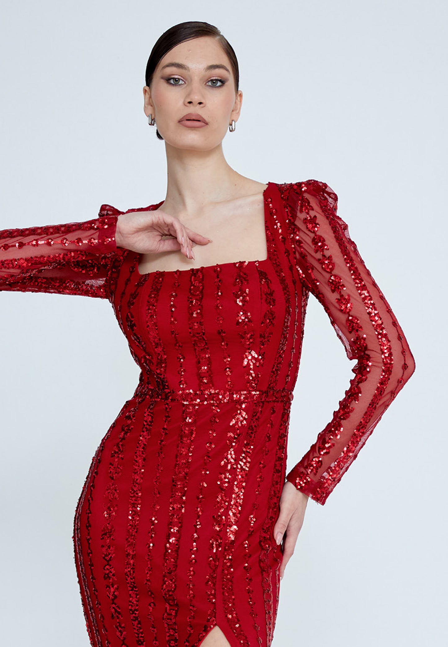 Long Sleeve Sequin Midi Dress - Red