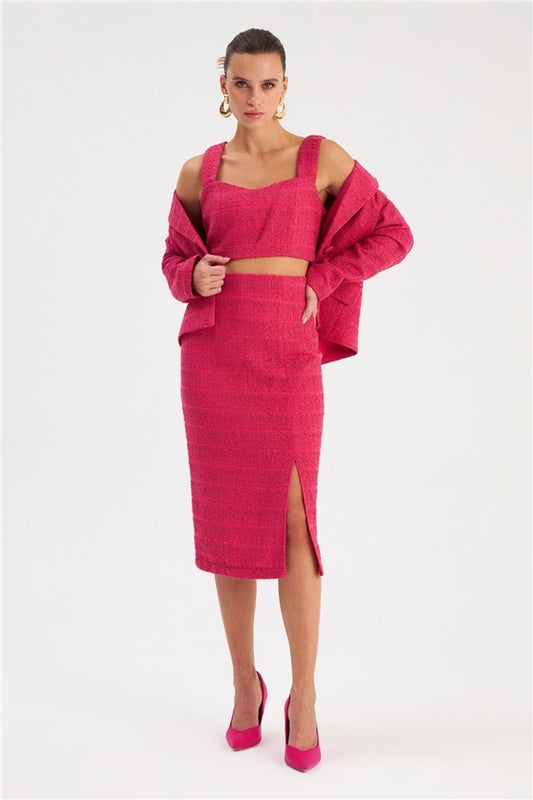 Slit Tweed Pencil Skirt - Fuchsia - LussoCA