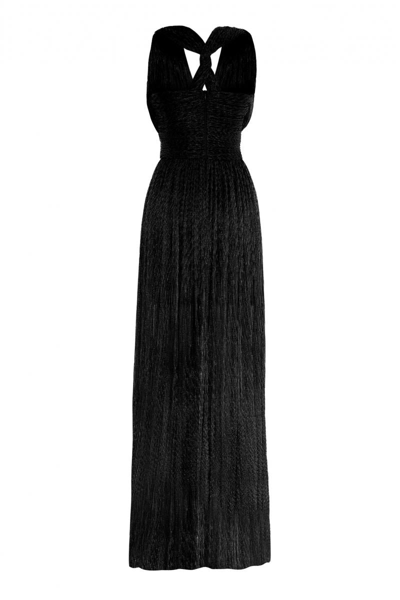 Moonlight Metallic Rope Halter Sleeve Long Dress - Black