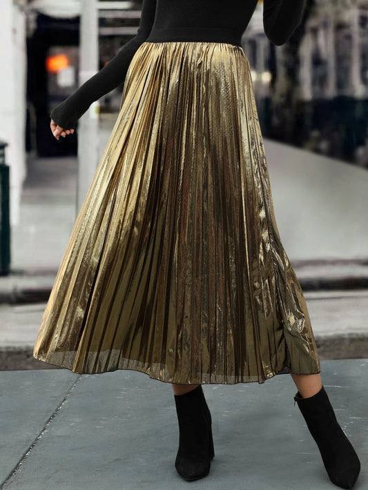 Trendy Shiny Satin Pleated Midi Skirt -Gold