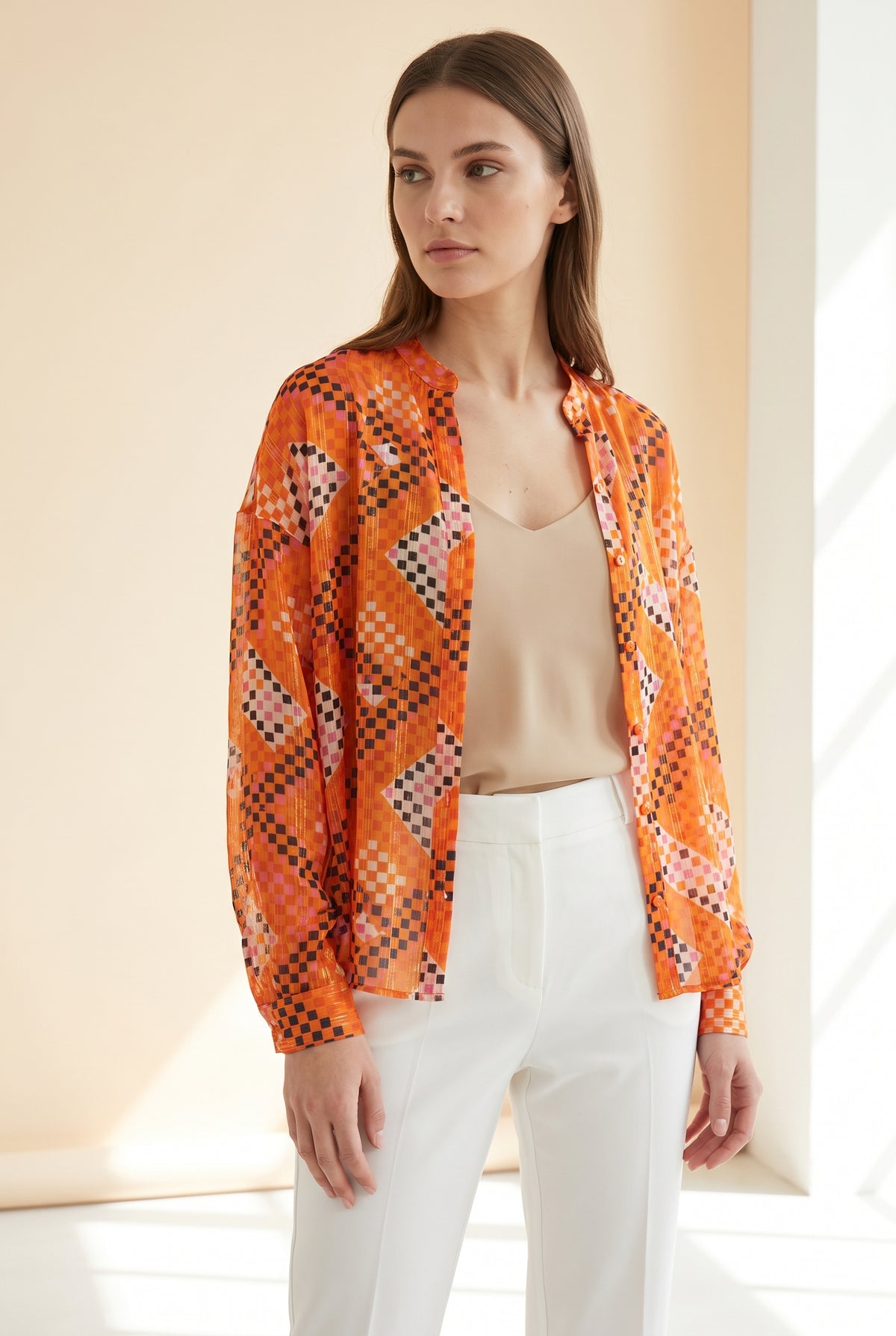 Chiffon Loose Shirt with Gold Thread in Orange styled with white trousers – women's top by Lusso