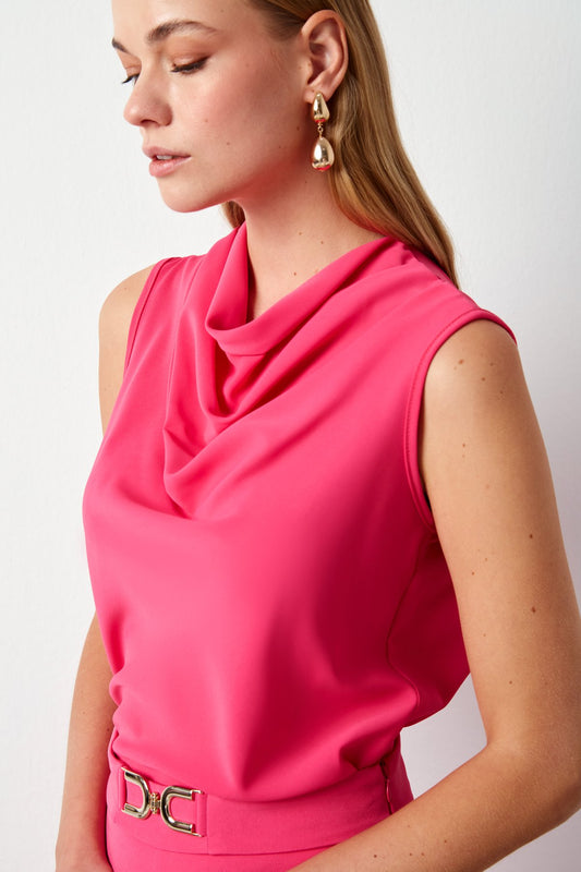 Plunging Neck Sleeveless Blouse - Hot Pink - LussoCA