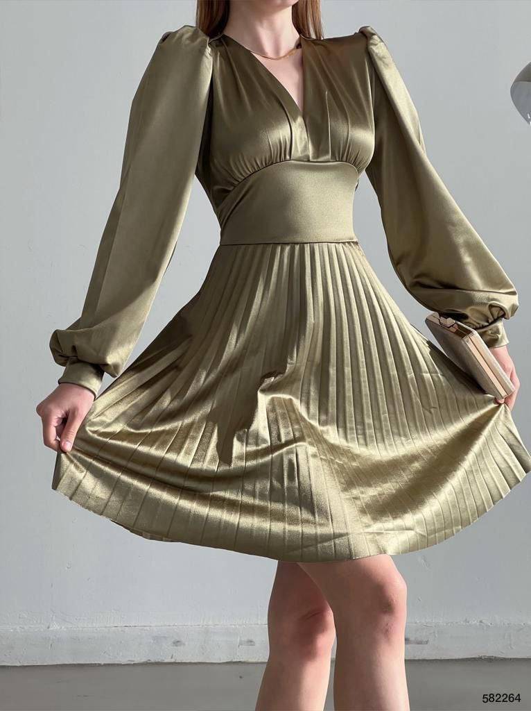 V-Neck Satin Long-Sleeve Pleated skirt Knee Length Dress - Olive Green