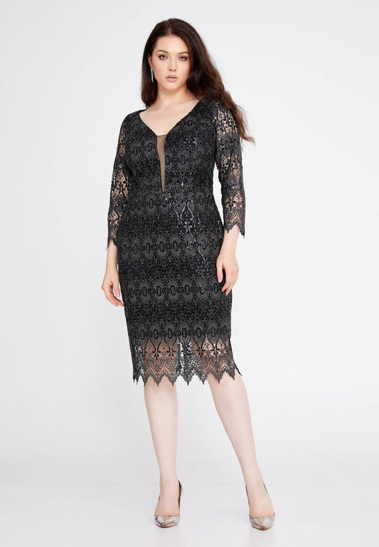 Mid-Length Midi Lace Column Plus Size Black Evening Dress - Black - LussoCA