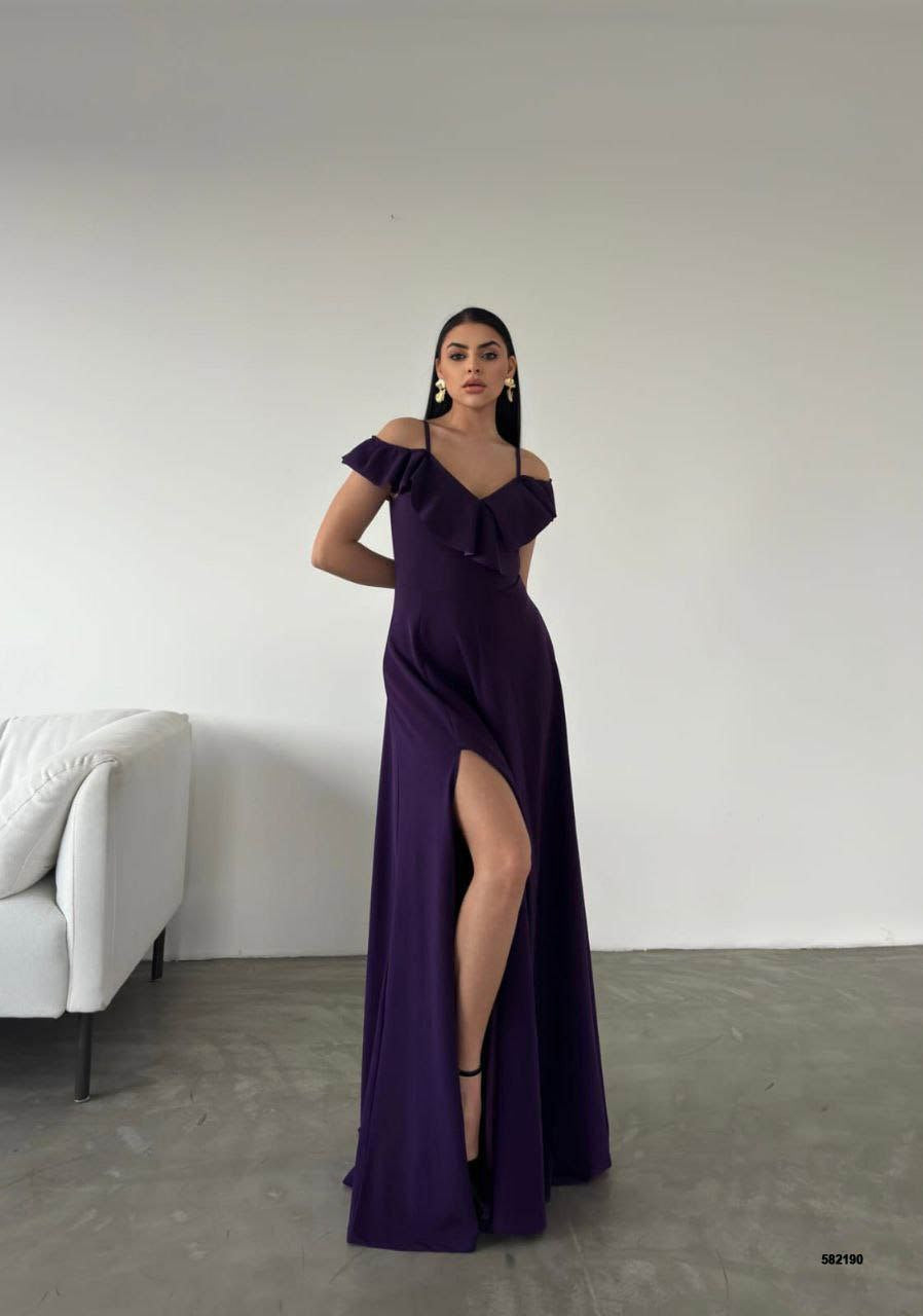 Off-Shoulder Maxi Dress with Spaghetti Straps and Long Slit - Purple