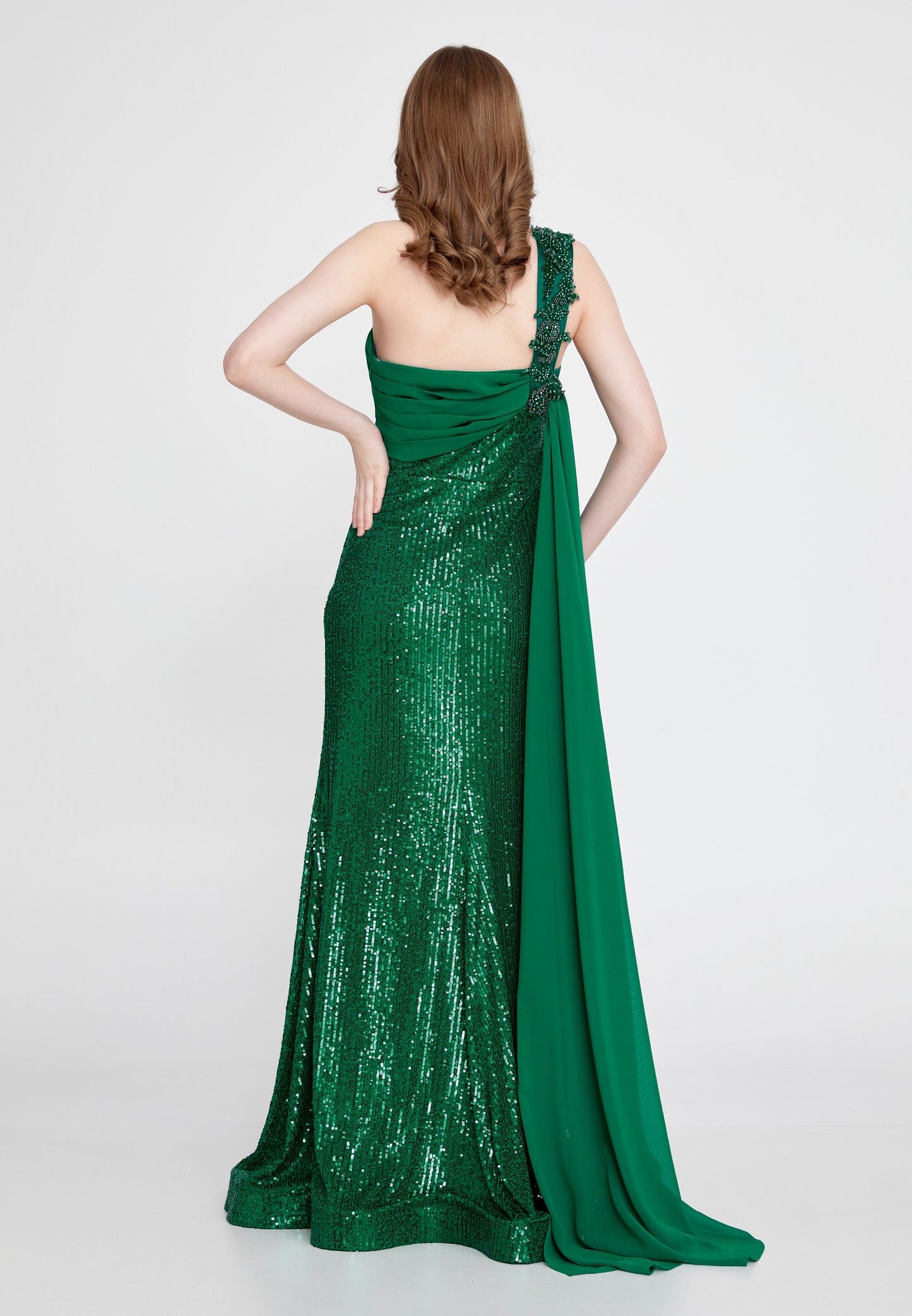 One-shoulder Sequin Gown with Long Chiffon Shoulder - Emerald