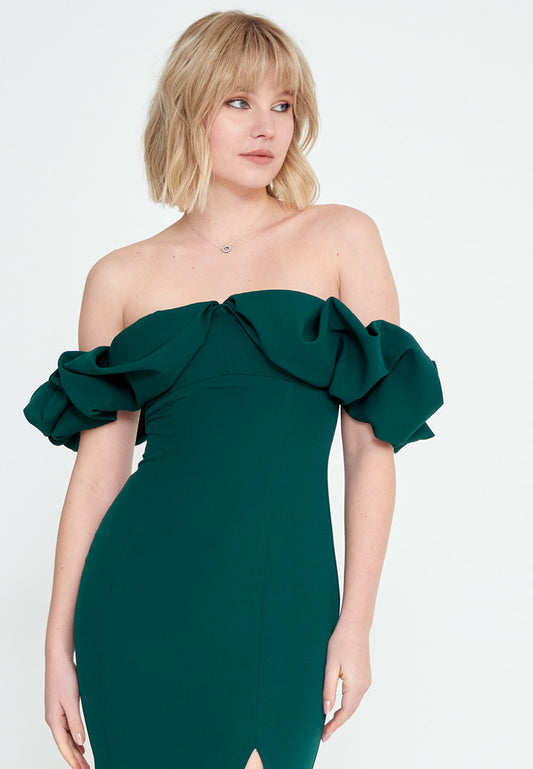 Off-Shoulder Maxi Crepe Mermaid Wedding Guest Dress with Slit - Green