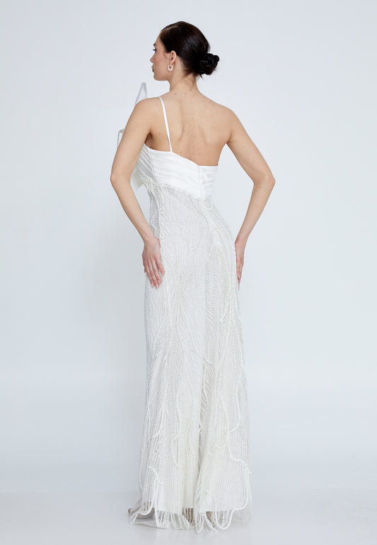 White glittered long dress with a big bow - LussoCA