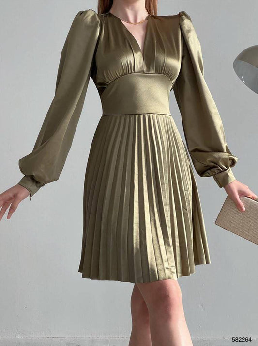 V-Neck Satin Long-Sleeve Pleated skirt Knee Length Dress - Olive Green