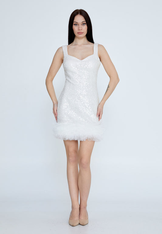 Sleeveless Mini Sequin Column Regular Ecru Cocktail Dress - White