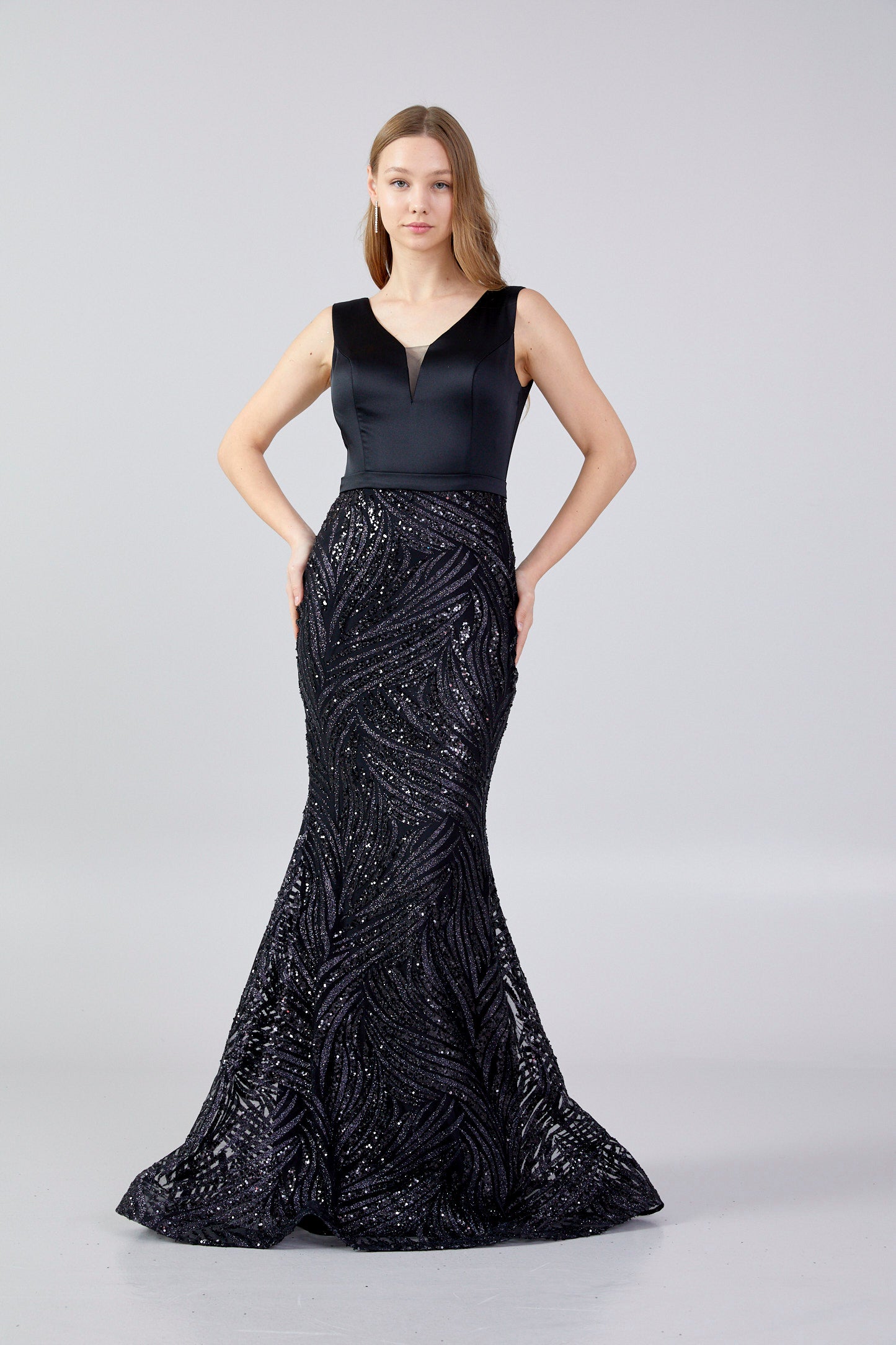 Sleeveless Maxi Sequin Mermaid Regular Black Evening Dress Vıe1320syh Black - LussoCA