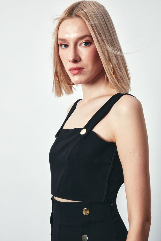 Crop Blouse with Snap Detail - Black - LussoCA