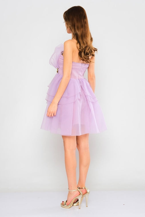 Chiffon Layered Mini dress with Removable Strap - Lilac