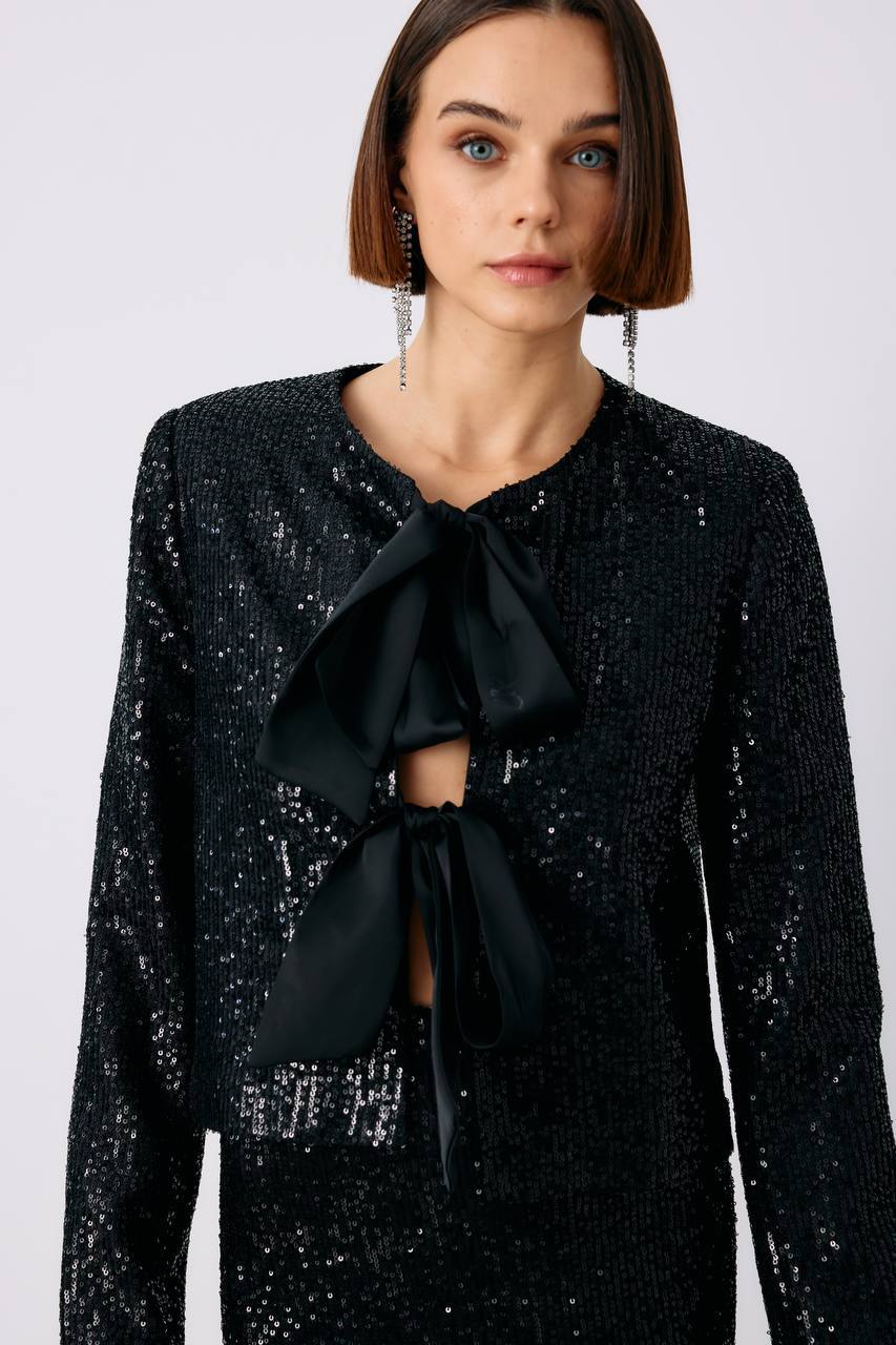 Sequin Crop Jacket with Bows - Black