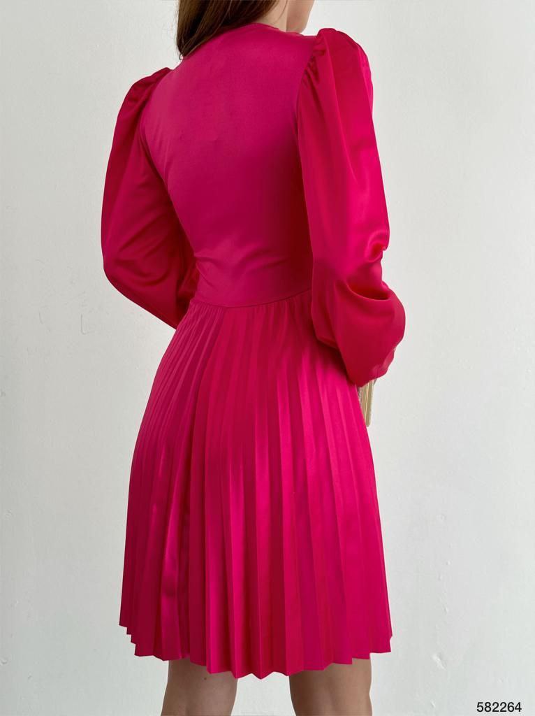 V-Neck Satin Long-Sleeve Pleated skirt Knee Length Dress - Hot Pink