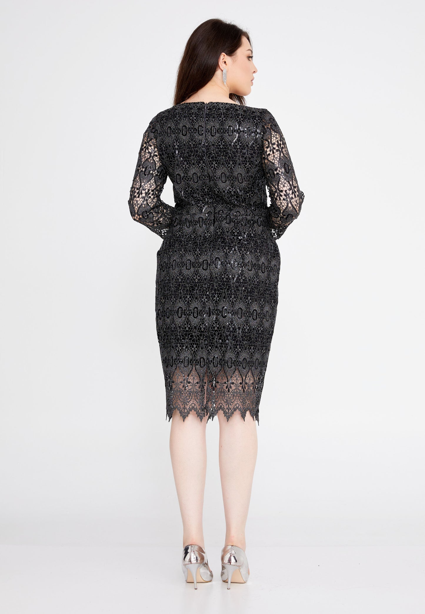 Mid-Length Midi Lace Column Plus Size Black Evening Dress - Black - LussoCA