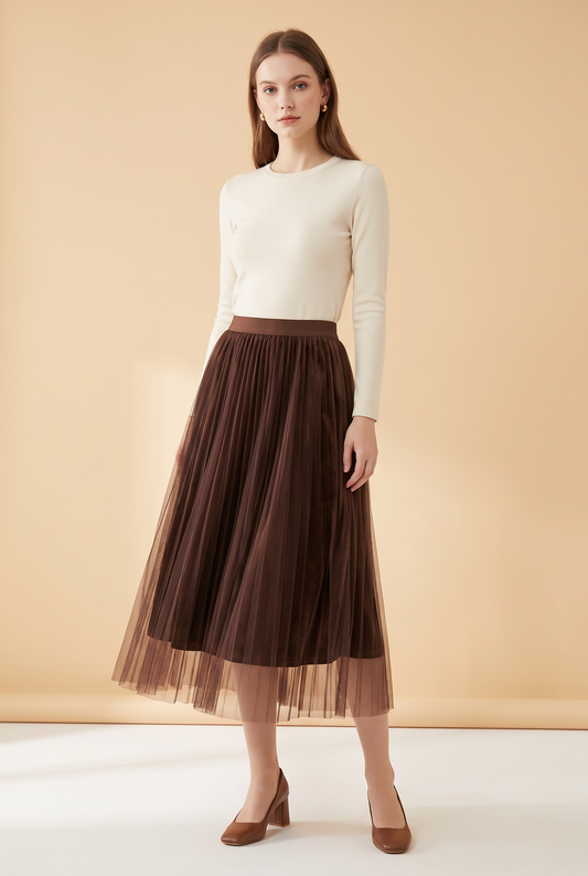 Pleated Tulle Midi Skirt with Velvet Lining in Brown styled on model – women's skirt by Lusso