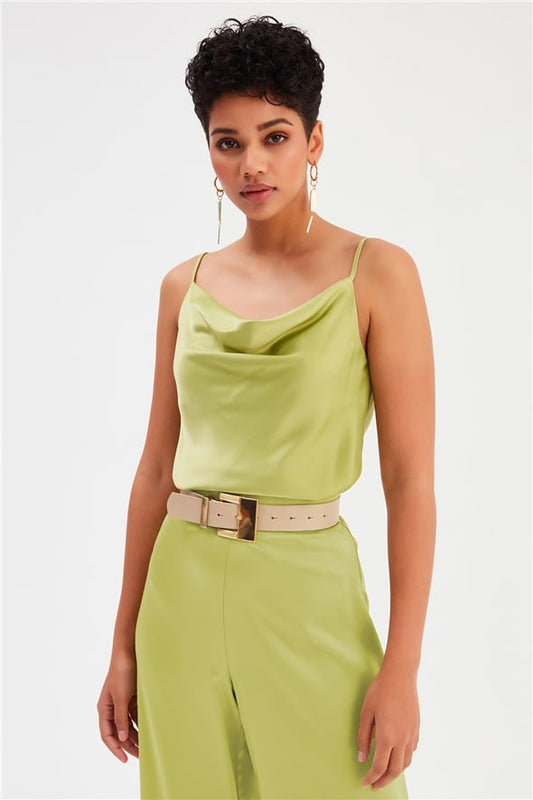 Plunging Neck Satin Blouse - Olive - LussoCA