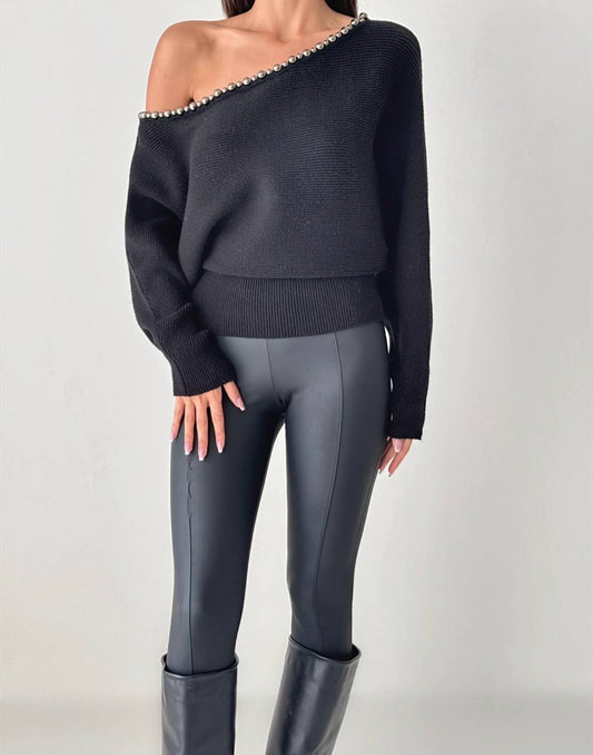 Off-Shoulder Knit Sweater - Black