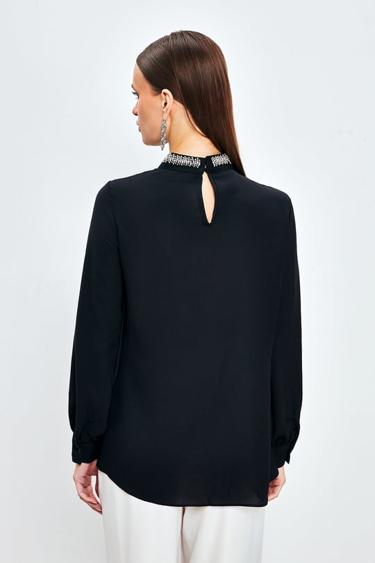 Keyhole Beaded Mock Neckline Longsleeve Blouse - Black