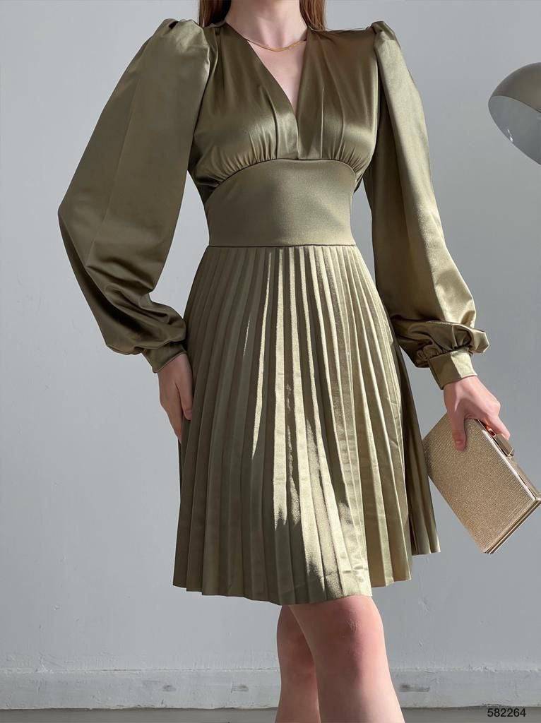 V-Neck Satin Long-Sleeve Pleated skirt Knee Length Dress - Olive Green