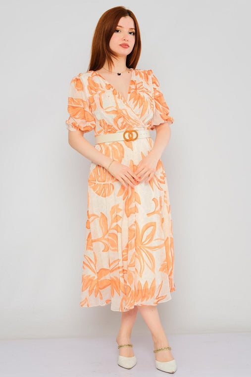 Short Sleeve Floral Georgette Chiffon V-neck Midi Casual dress - Orange