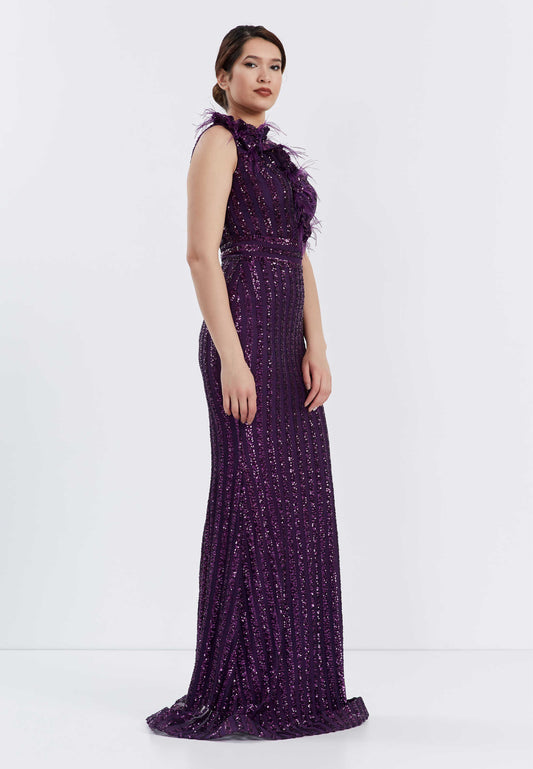 Sleeveless Maxi Sequin Bodycon Evening Dress - Purple