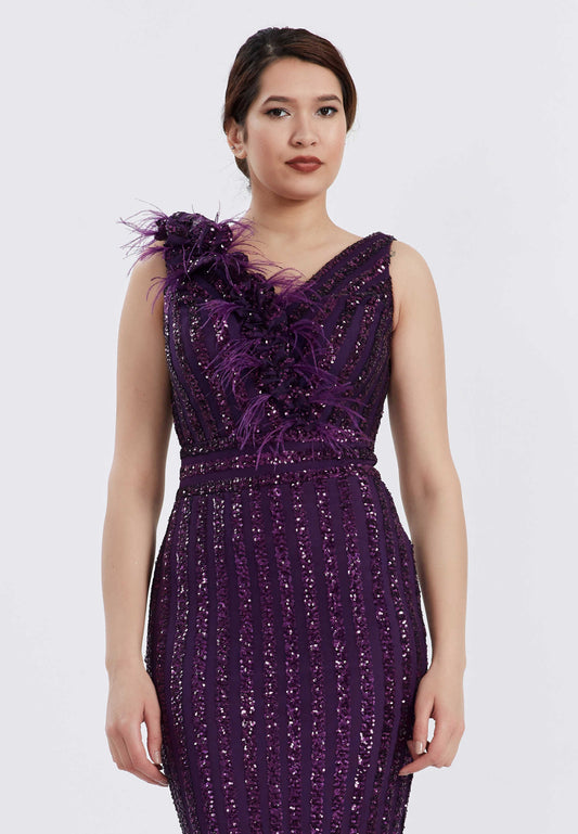 Sleeveless Maxi Sequin Bodycon Evening Dress - Purple