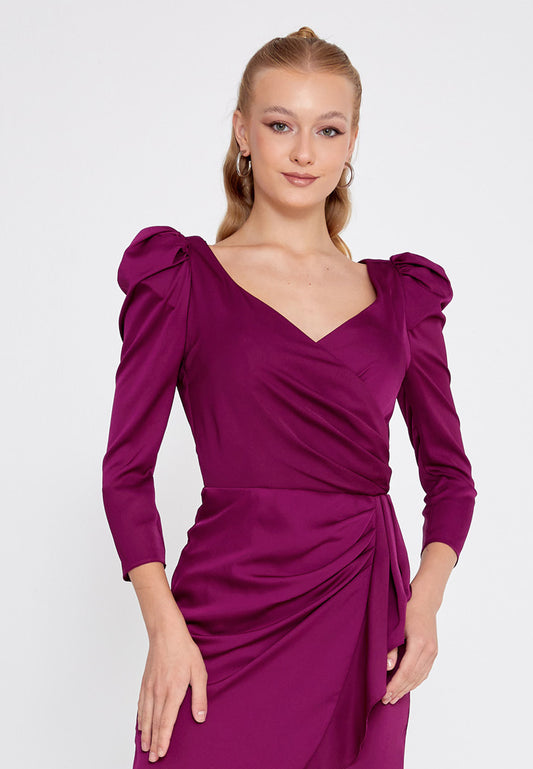 Long Sleeve Mini Viscose Column Regular Burgundy Evening Dress - Burgandy