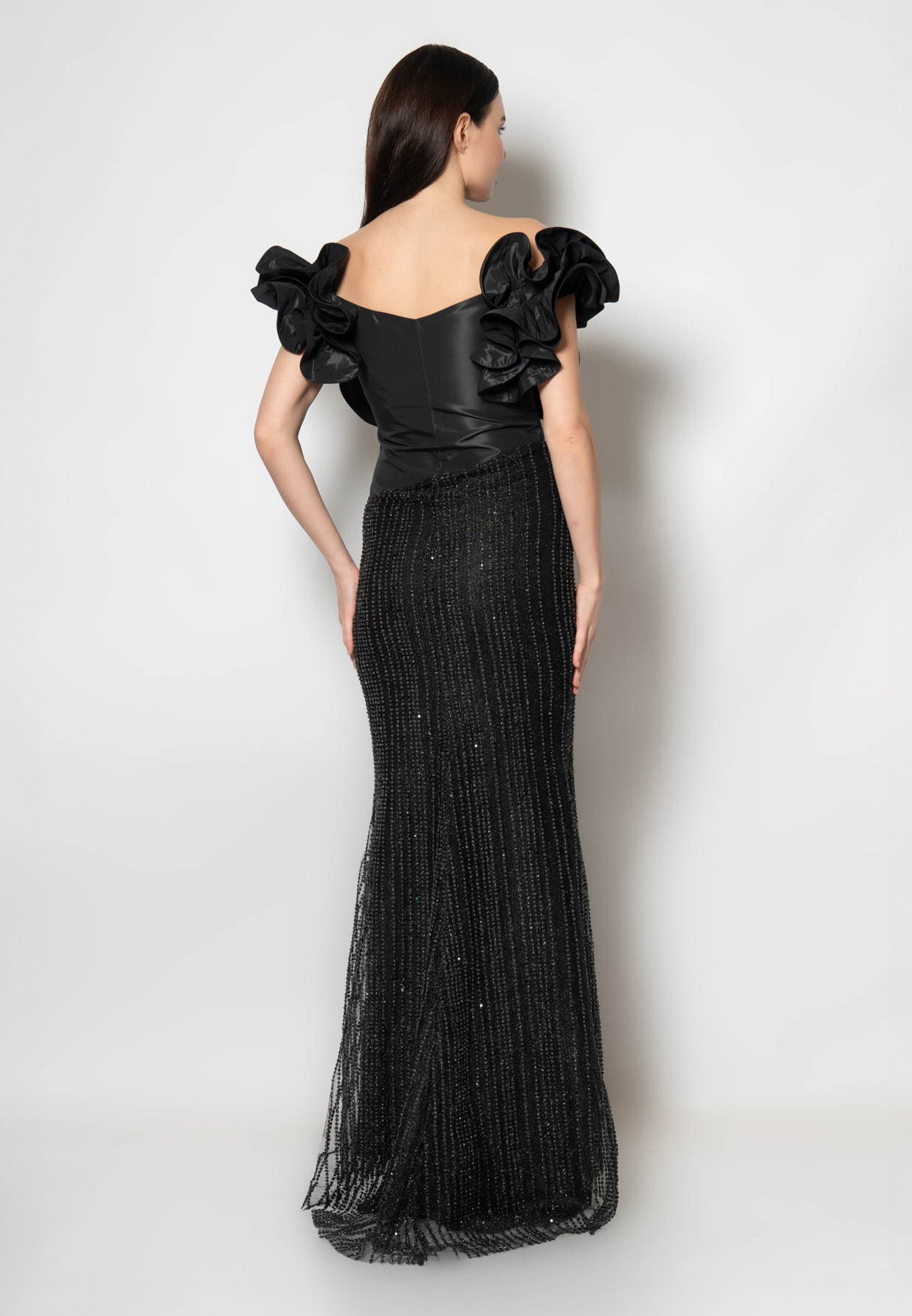 Off Shoulder Maxi Tulle Mermaid Wedding Guest Dress - Black