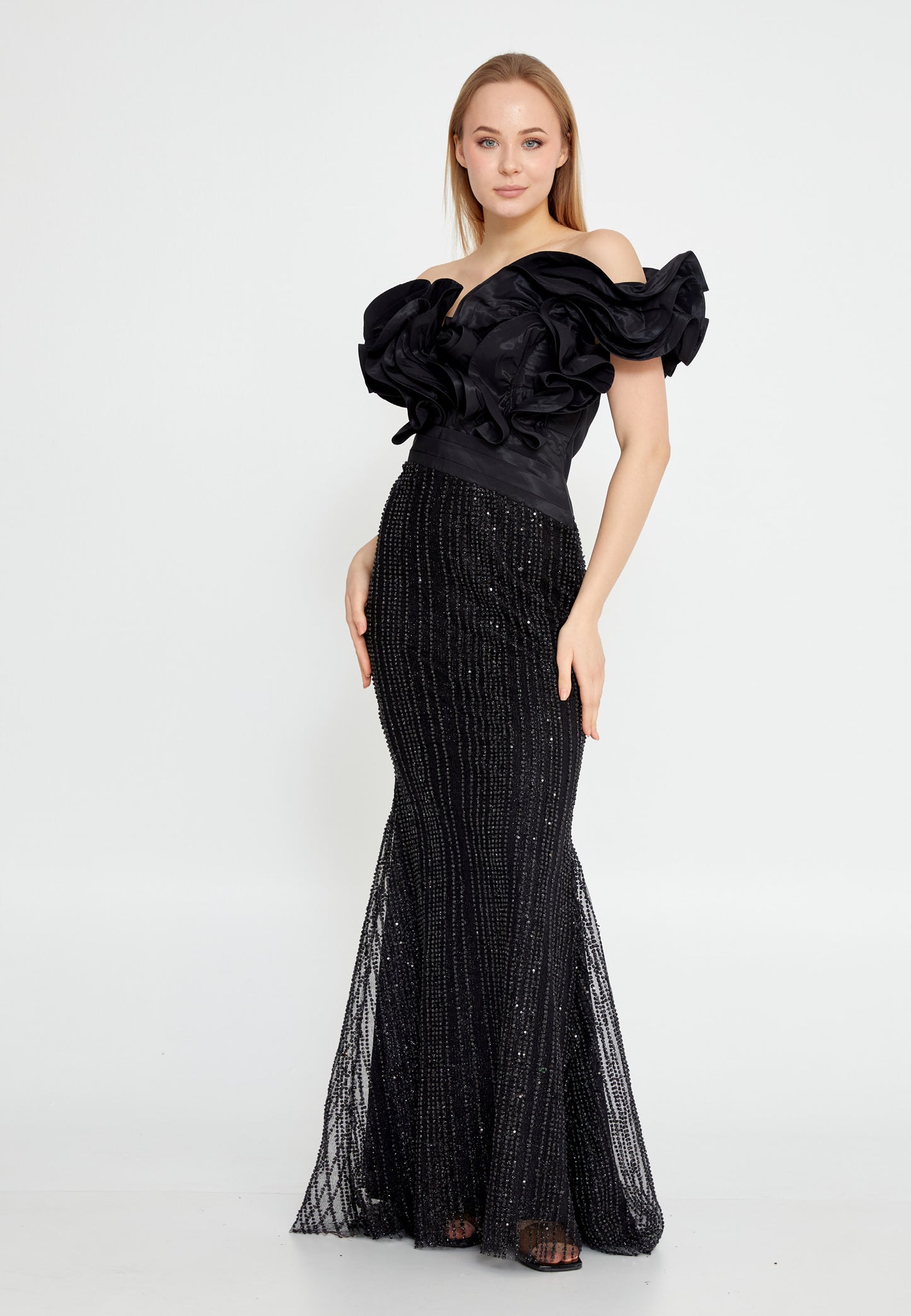 Off Shoulder Maxi Tulle Mermaid Wedding Guest Dress - Black