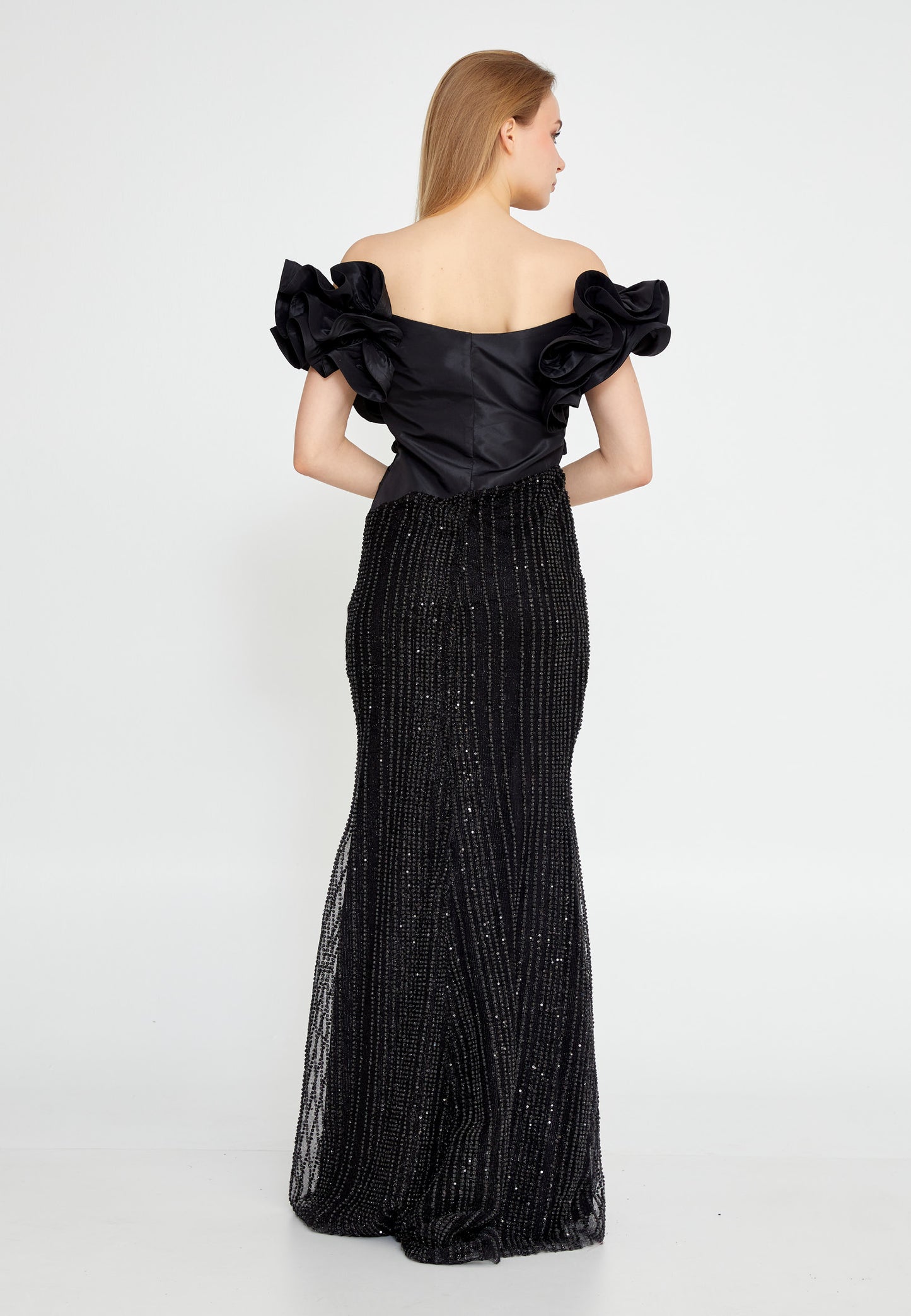 Off Shoulder Maxi Tulle Mermaid Wedding Guest Dress - Black