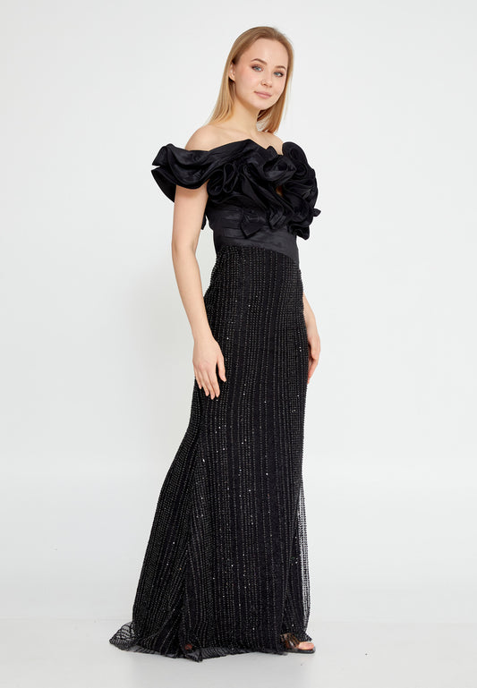 Off Shoulder Maxi Tulle Mermaid Wedding Guest Dress - Black