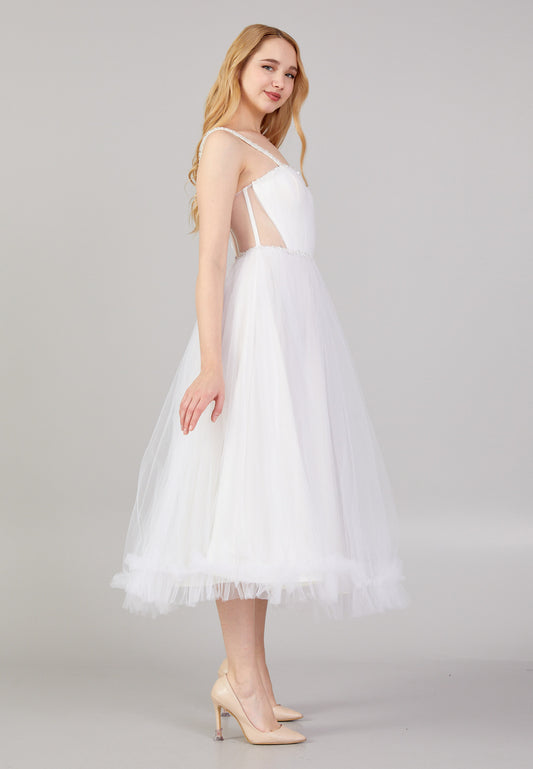 Sleeveless Spaghetti Strap Midi Tulle A - Line Cocktail Dress - White