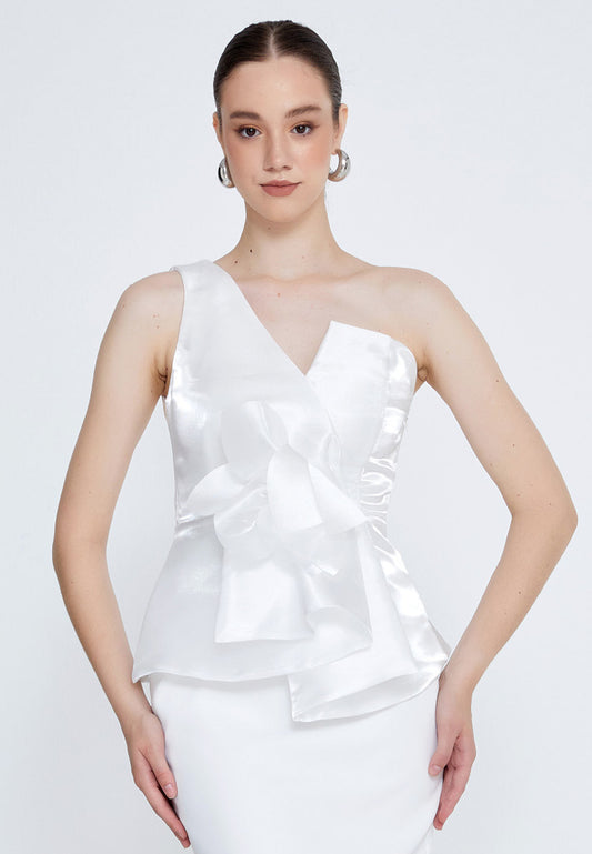 One Shoulder Midi Evening Dress - White