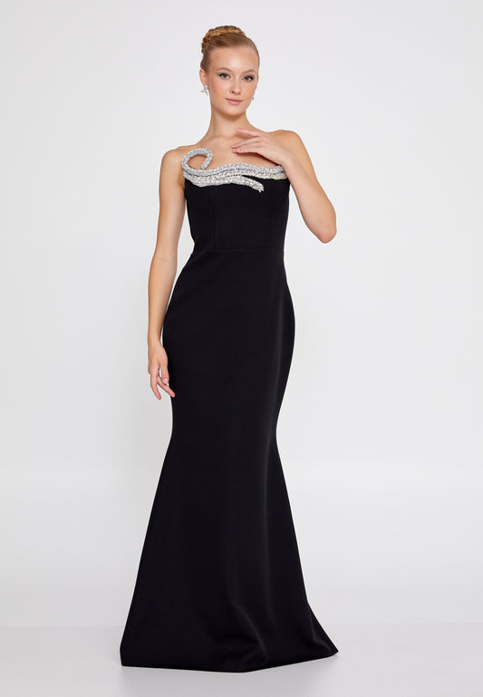 Beaded Strapless Maxi Viscose Mermaid Regular Black Wedding Guest Dress - Black