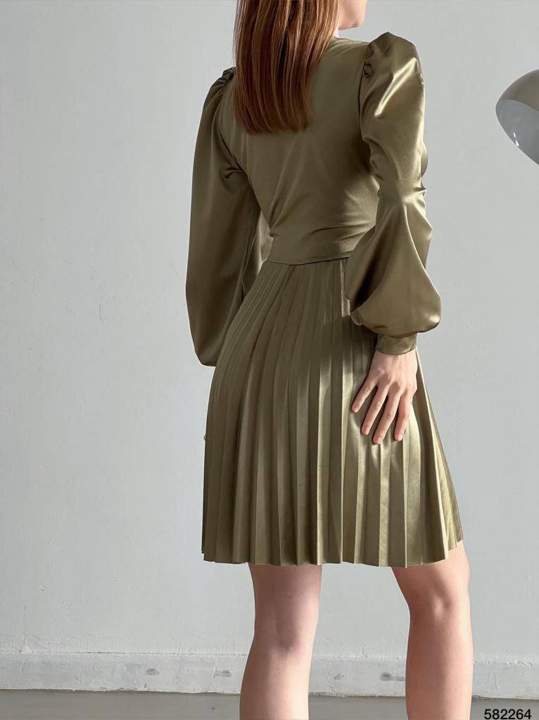 V-Neck Satin Long-Sleeve Pleated skirt Knee Length Dress - Olive Green