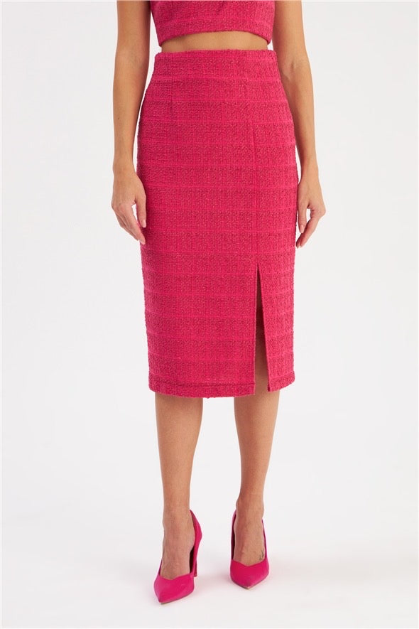Slit Tweed Pencil Skirt - Fuchsia