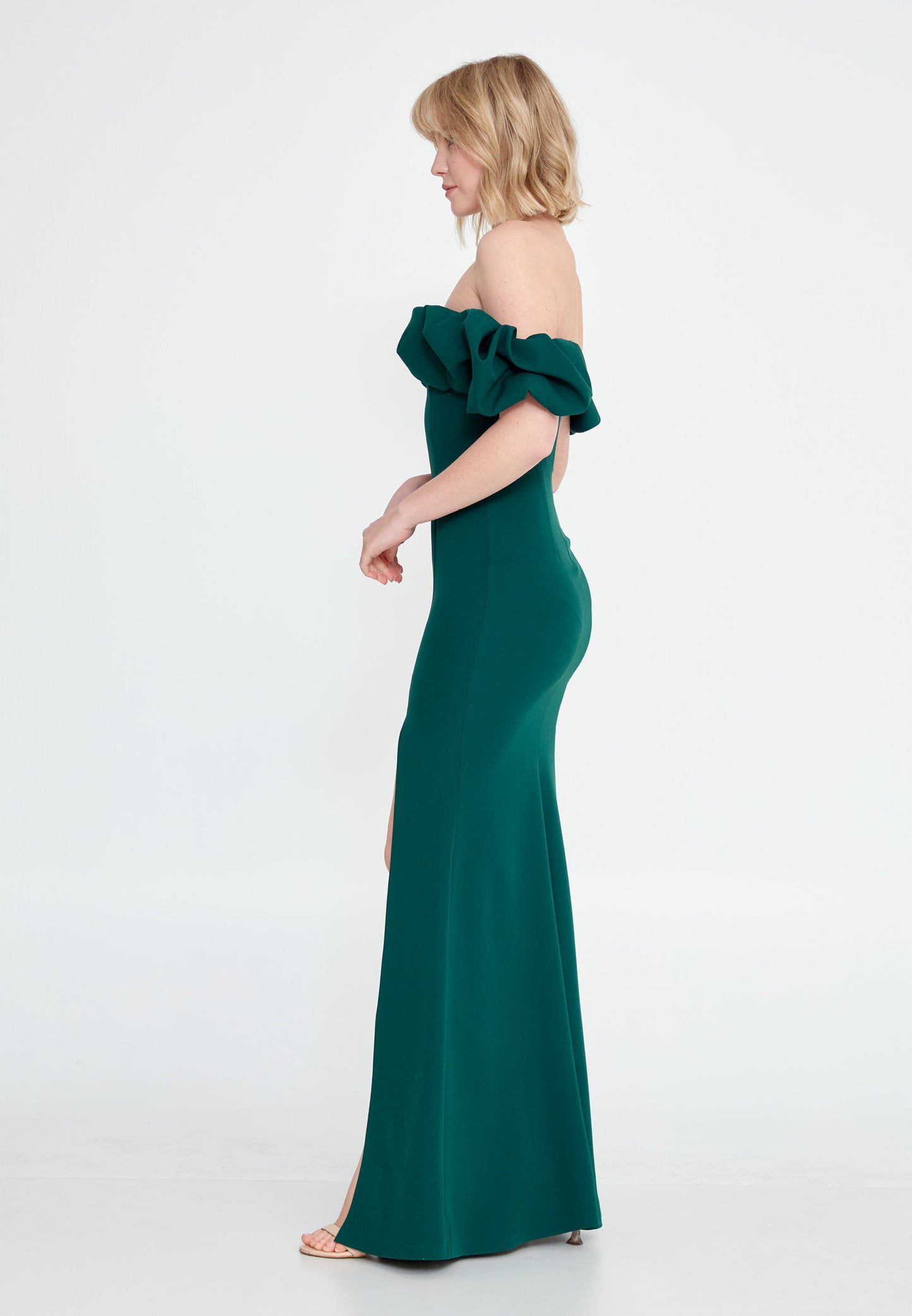 Off-Shoulder Maxi Crepe Mermaid Wedding Guest Dress with Slit - Green
