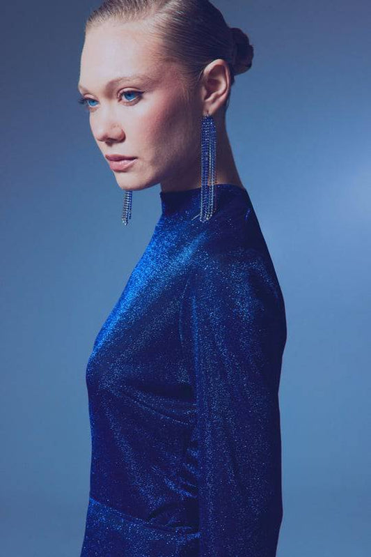 Glittery Mock Neck Long Sleeve Bodysuit - Royal Blue