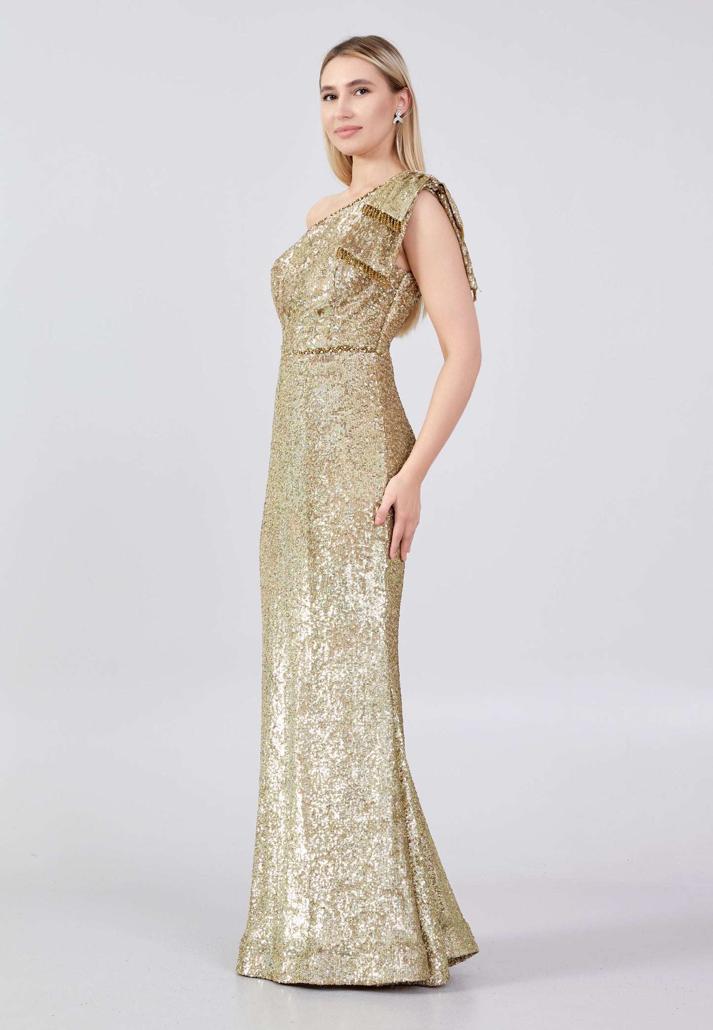 One Bow Shoulder Maxi Sequin Mermaid Wedding Guest Dress - Gold
