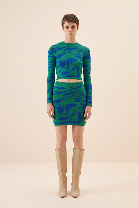 Knitwear 2-Piece Set with Sweater and Mini Skirt styled on model – women's matching set by Lusso