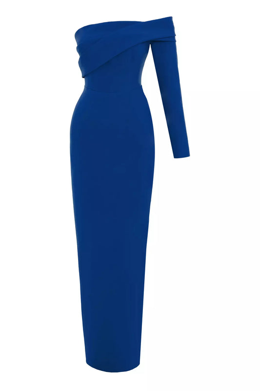 Crepe Single Sleeve Long Dress - Blue