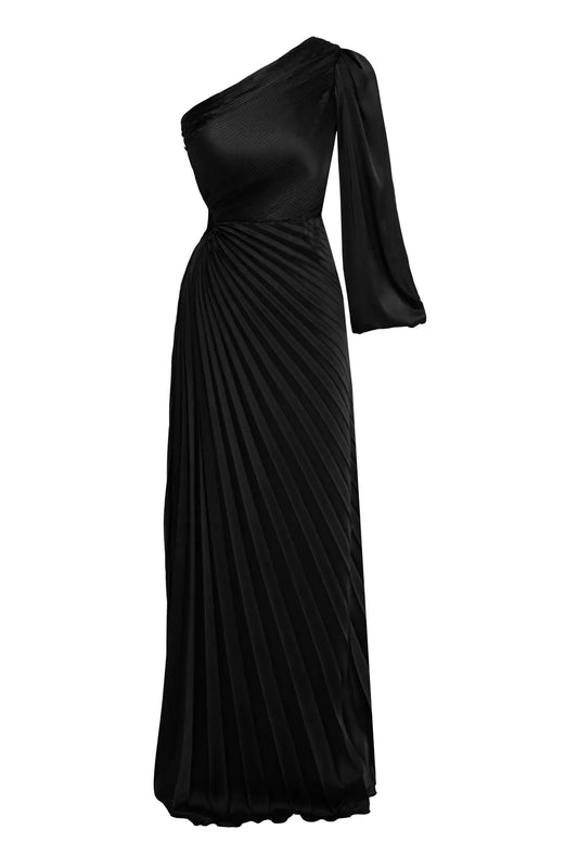 Satin Single Sleeve Long Dress - Black