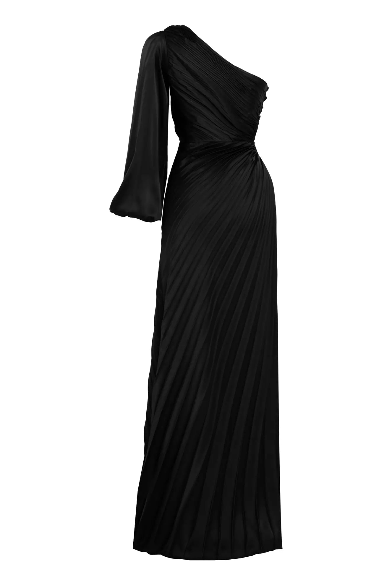 Satin Single Sleeve Long Dress - Black