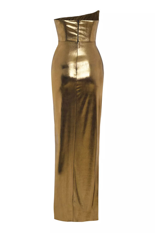 Strapless Shiny Knitted Sleeveless Long Dress - Rusted Gold