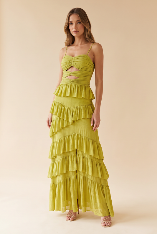 Layered Wedding Guest Evening Dress in Lime styled on model – women's maxi dress by Lusso