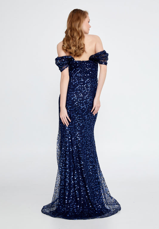 Off Shoulder Maxi Sequin Mermaid Regular Navy Evening Dress - Navy - LussoCA