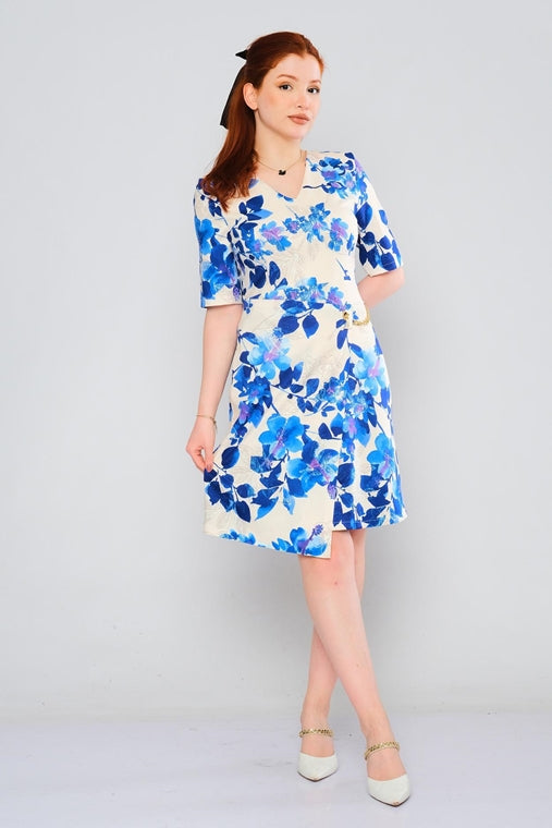 Biscuit Knee Lenght Three Quarter Sleeve Casual Dresses Blue - LussoCA