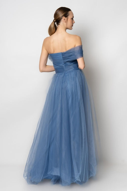 Chiffon Flowy One-shoulder A-line dress- Blue